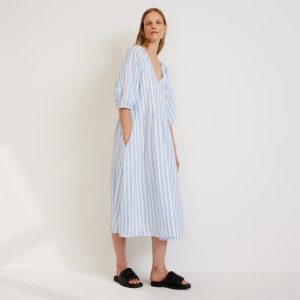 The Linen Oversized Puff-Sleeve Dress | Blue / White