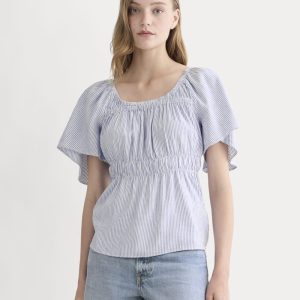 The Flutter-Sleeve Top in Stretch Linen | White / Dutch Blue