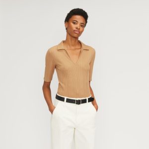 The Rib Soft Knit Open Collar Polo | Caramel