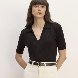 The Rib Soft Knit Open Collar Polo | Black
