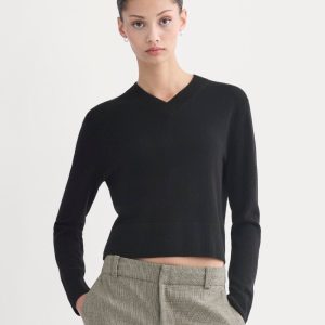 Cashmere Cropped High-V Sweater | Black