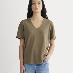 The Slouchy V-Neck Tee in Cotton Linen | Deep Taupe