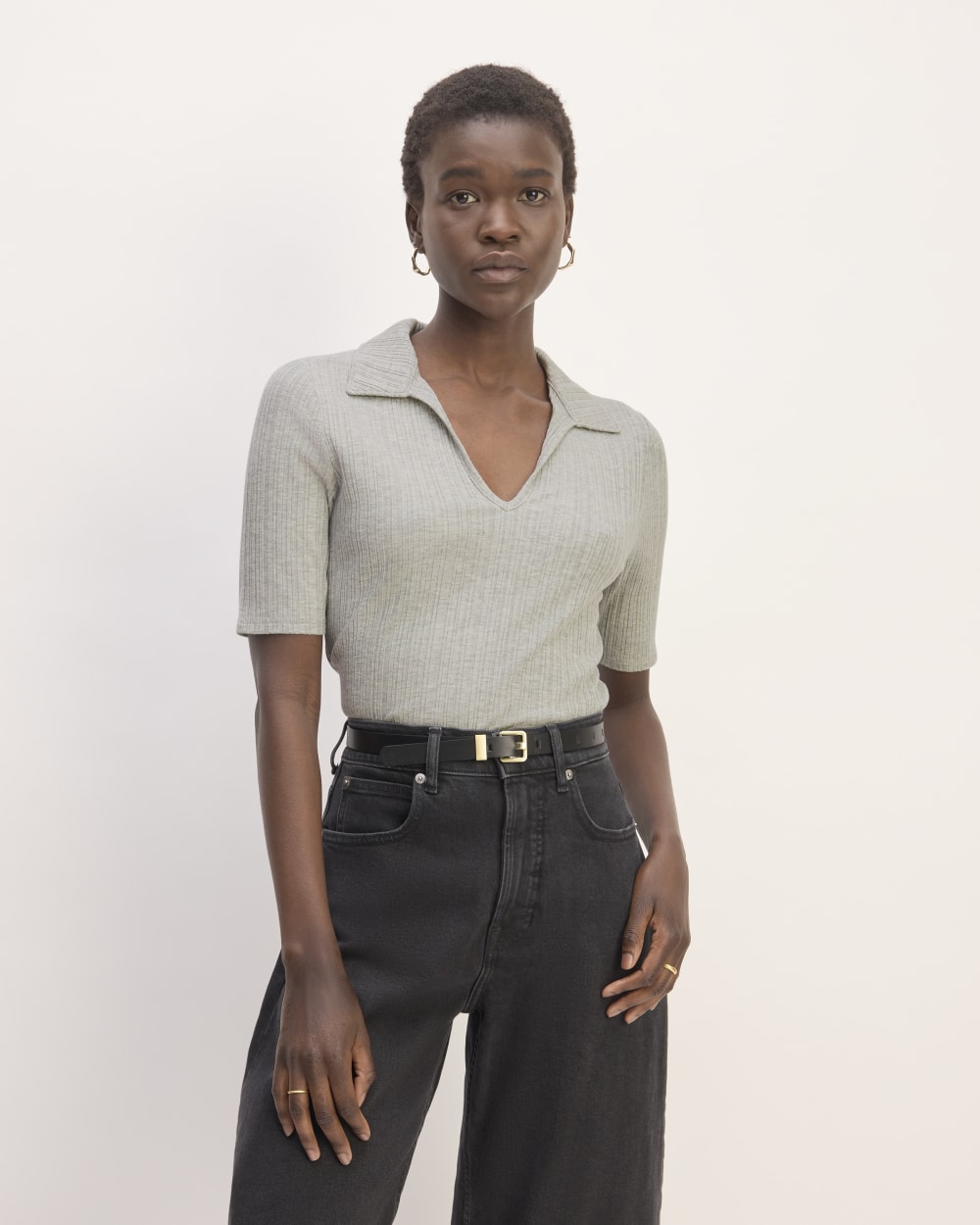 The Rib Soft Knit Open Collar Polo | Heathered Grey