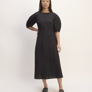 The Linen Short-Sleeve Scoop Midi Dress | Black