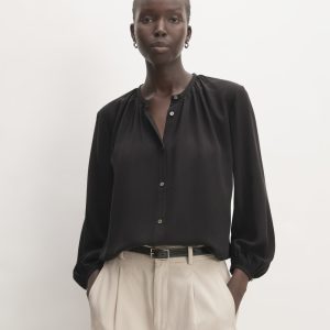 The Washable Clean Silk Shirred Blouse | Black