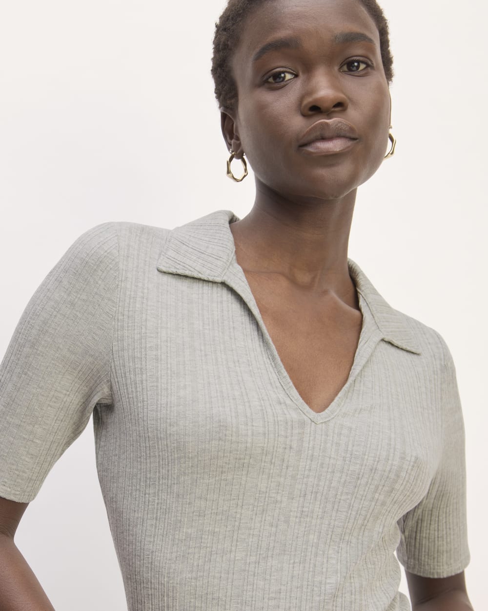 The Rib Soft Knit Open Collar Polo | Heathered Grey - Image 4