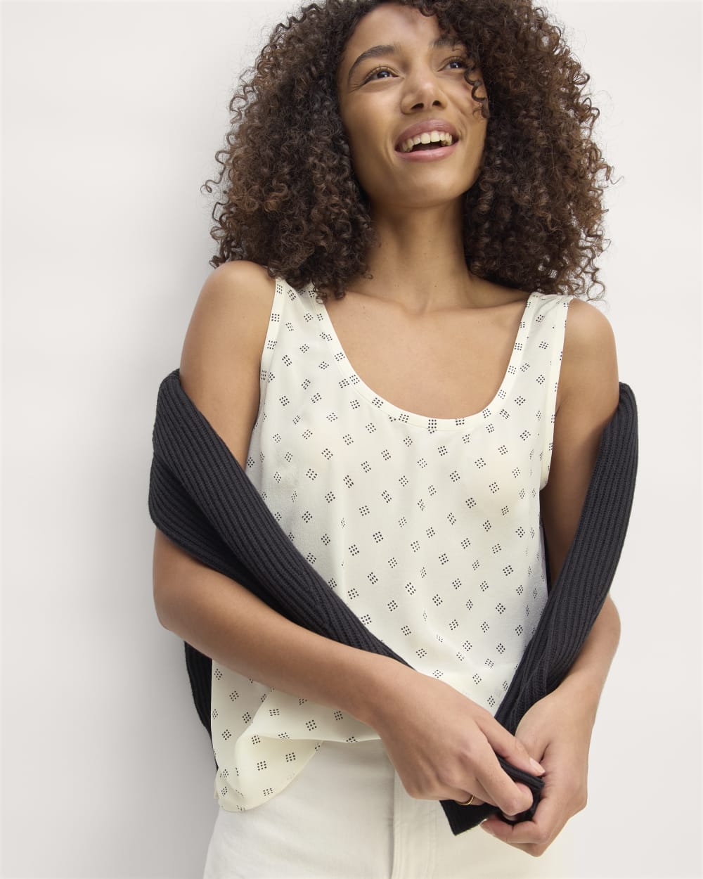 The Scoop Tank in Washable Silk | Bone / Black Square Dot